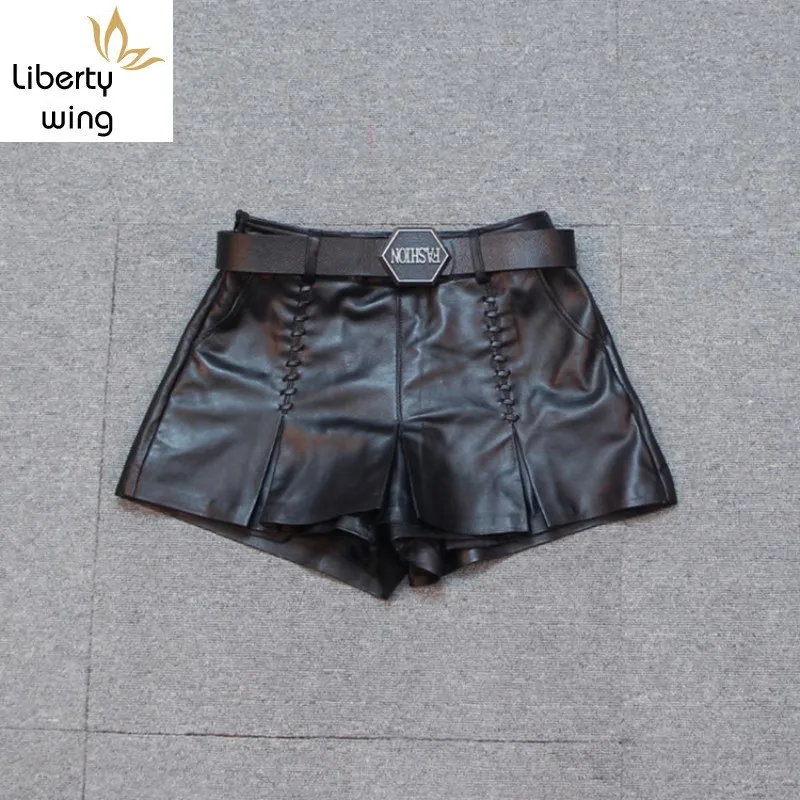 New Fashion Women Punk Black Sheepskin Genuine Leather Wide Leg Short Trousers Belted Slim Fit Casual Motor Biker Female Shorts