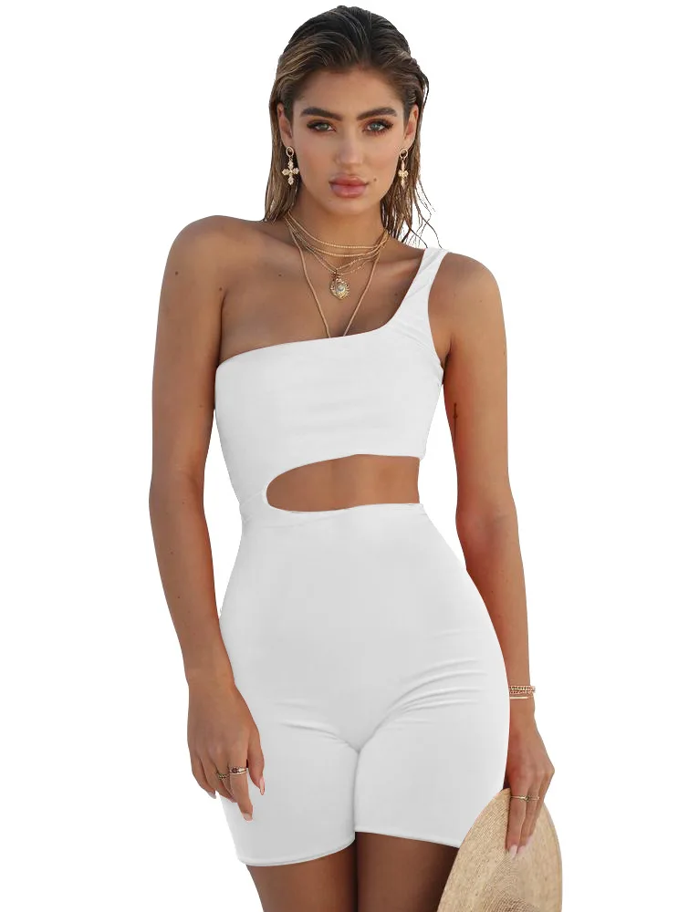 Sexy Solid Hollow Out Short Jumpsuit Skew Collar Sleeveless Side Hole Playsuits Night Club One Piece Fashion Outdoor Streetwear