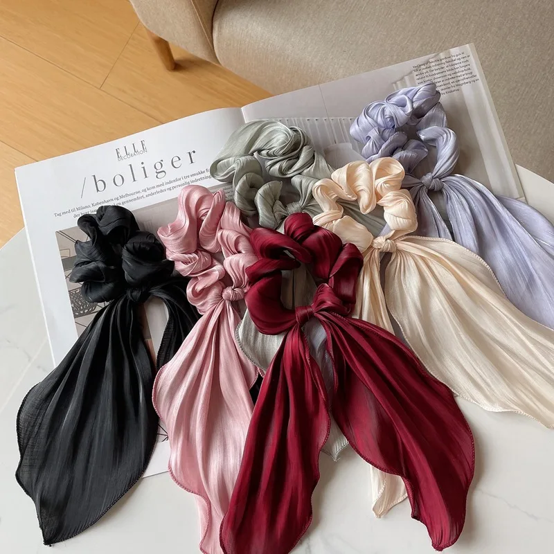 Satin Bow Long Ribbon Scrunchies Elastic Hair Bands Women Girls Ponytail Holder Hair Ties Solid Headband Hair Accessories