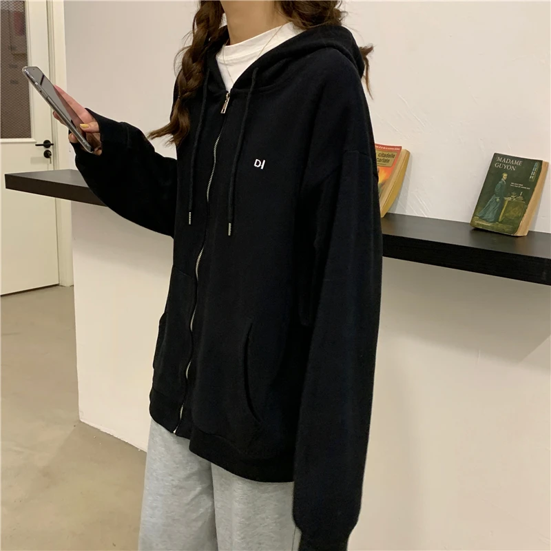 Oversize Orange Pink Sweatshirt Women Hooded Spring Autumn New Korean Loose High Quality Cotton Zipper Jacket Letter Street Wear