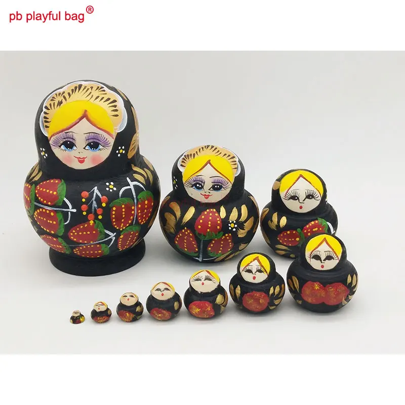 

PB Playful bag 10 layers big belly black strawberry Russian dolls birthday gift wooden crafts toys set home decoration HG28