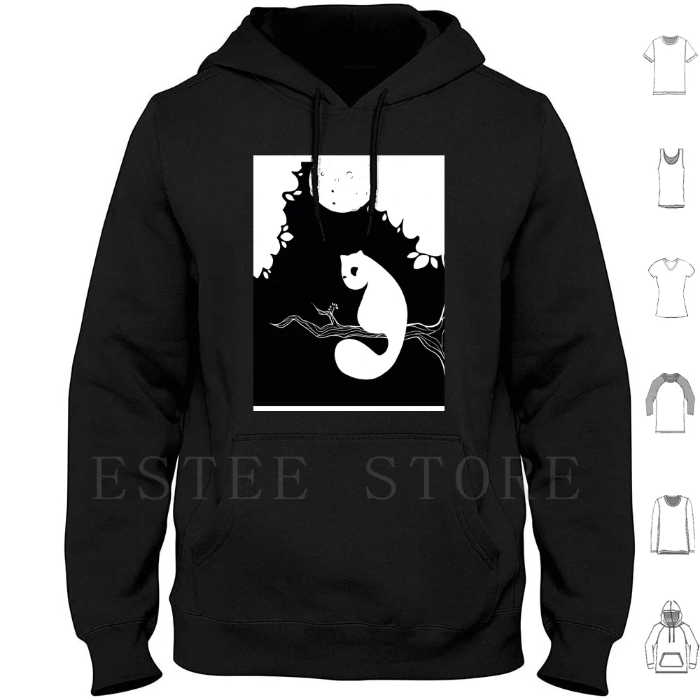 Suspicious Cat On A Tree Hoodies Long Sleeve Cat Tree Black And White Night Moon Simple Creepy Dark Kitten