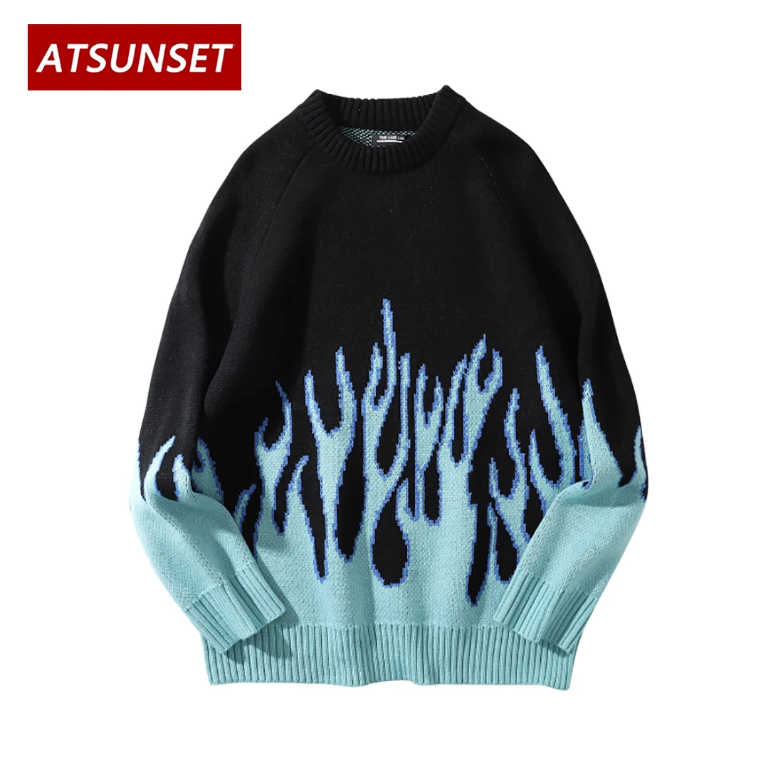 ATSUNSET płomień drukuj prostota sweter hiphopowy sweter w stylu Vintage Harajuku dziergany sweter topy