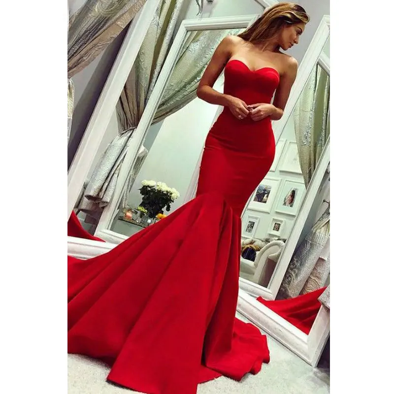 Red satin mermaid communion dresses Long Evening Dress prom party Robe De Soiree longue Formal Dress simple robe de soiree