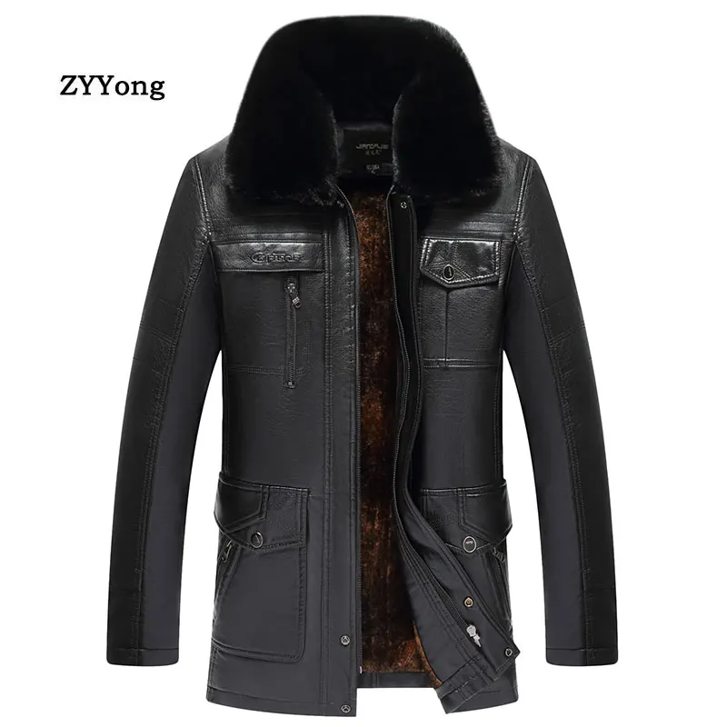 

Winter Brown Fleece Leather Jacket Men Parka Coat Overcoat Plus Velvet Warm Fur Collar PU Business Casual Outwear Windbreaker