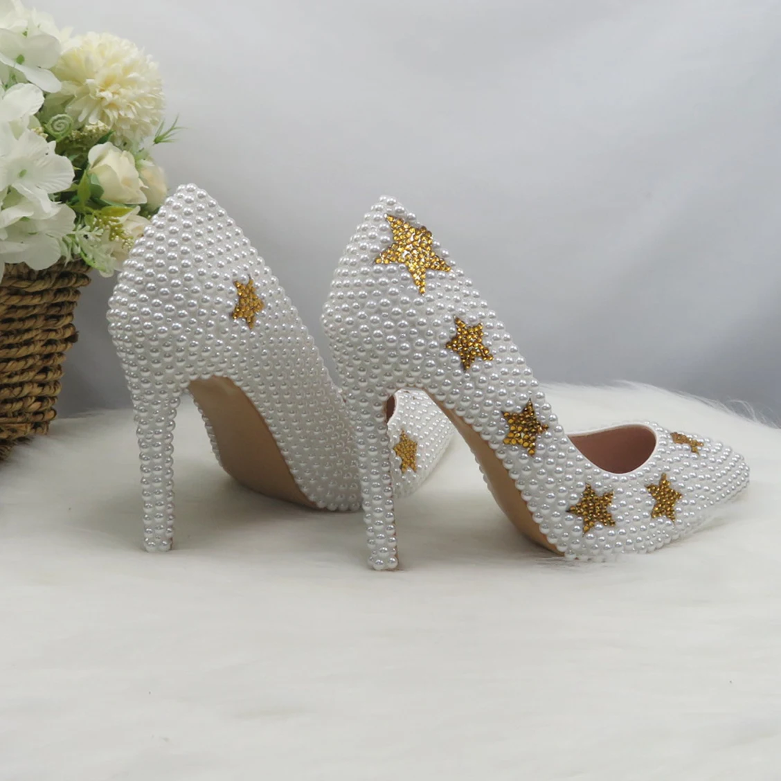 BaoYaFang White Pearl Gold Star Women Wedding Shoes With Matching Bag Bride Pointed Toe Party Dress Shoes Woman Big Size Pumps