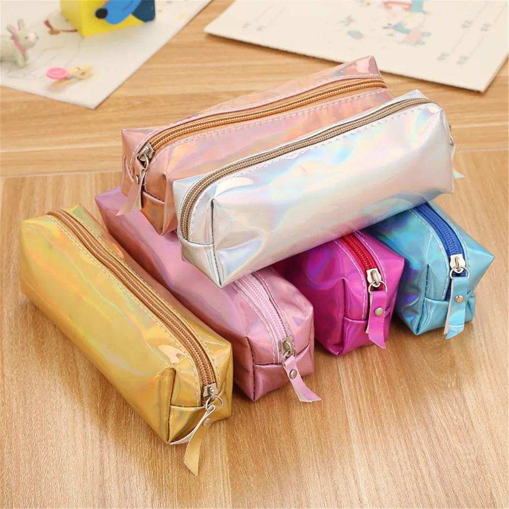 Fashion Metallic Color Laser PU Leather Pencil Case Women Handbag Cosmetics Purse Makeup Bag School Office Supply Pencilcase