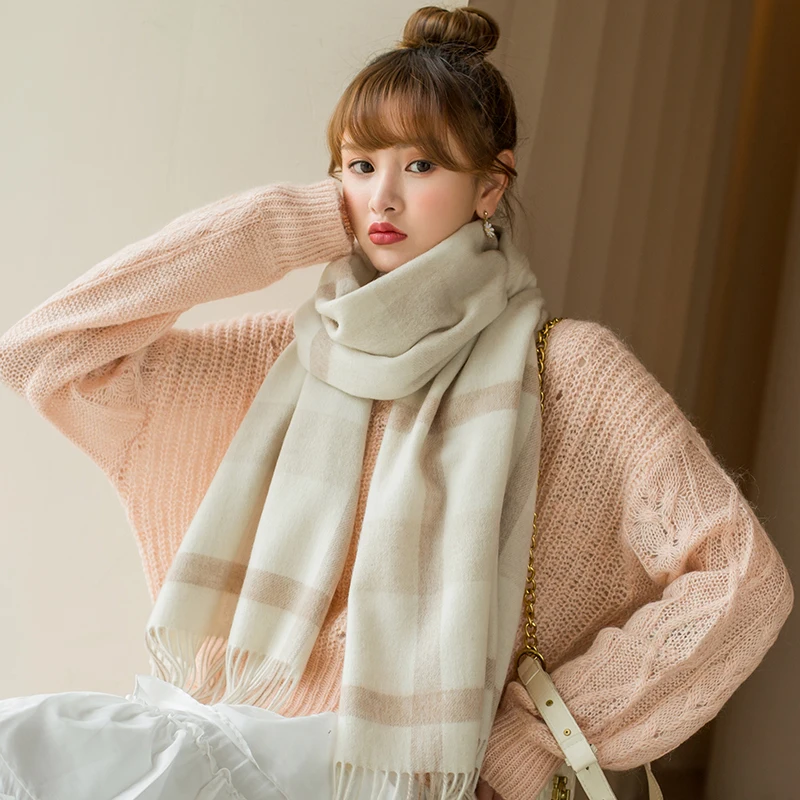 Winter 100% Wool Scarf Women Pink Plaid Shawls and Wraps Echarpe Warm Woolen Pashmina for Ladies Cashmere Scarves Foulard Femme