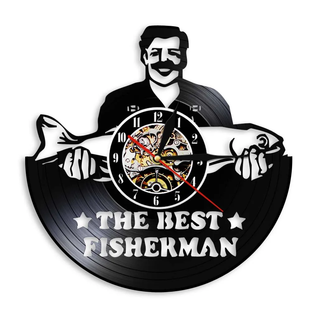 The Best Fisherman Silhouette Shadow 3D Wall Clock Go Fishing Fish Vinyl Record Hanging Watches Handmade Gift For Peterman