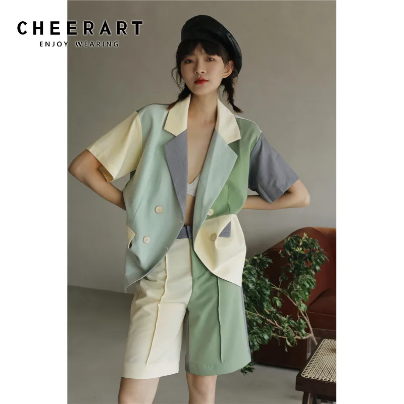 CHEERART Color Block Blazer estivo verde donna Blazer manica corta giacca giacca doppio petto cappotto coreano 2020 moda