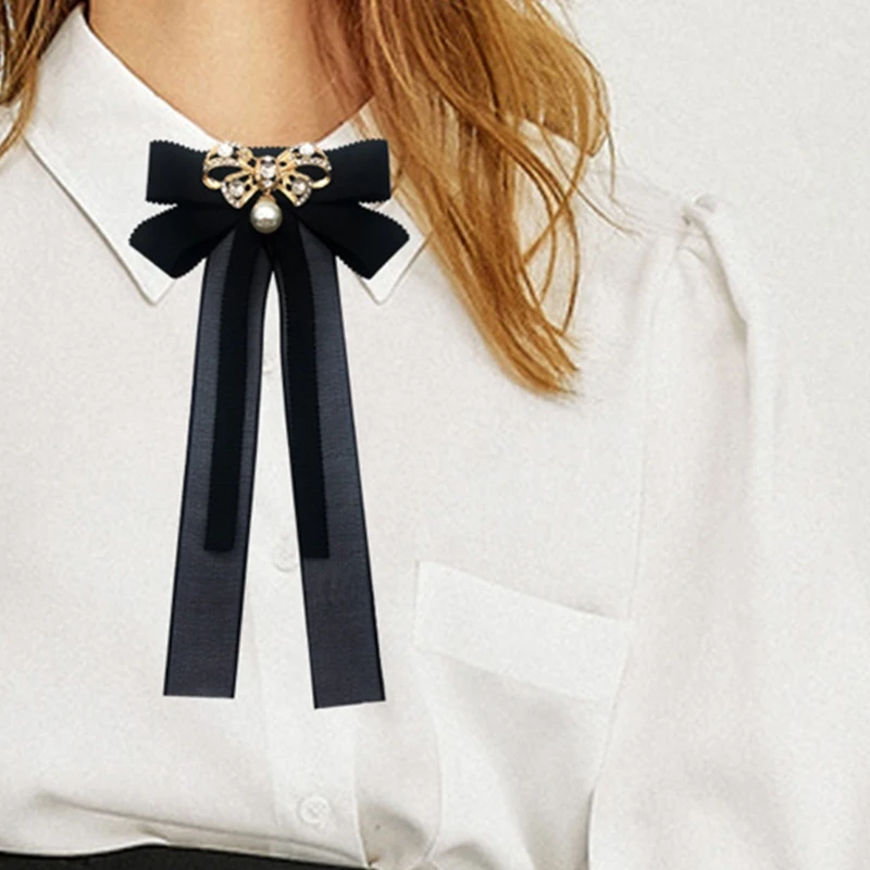 

Japanese Style Women Student Pre Bow Tie Brooch with Pearl Rhinestone Long Ribbon Bowknot Jewelry Uniform Shirt Collar Pin Neckt