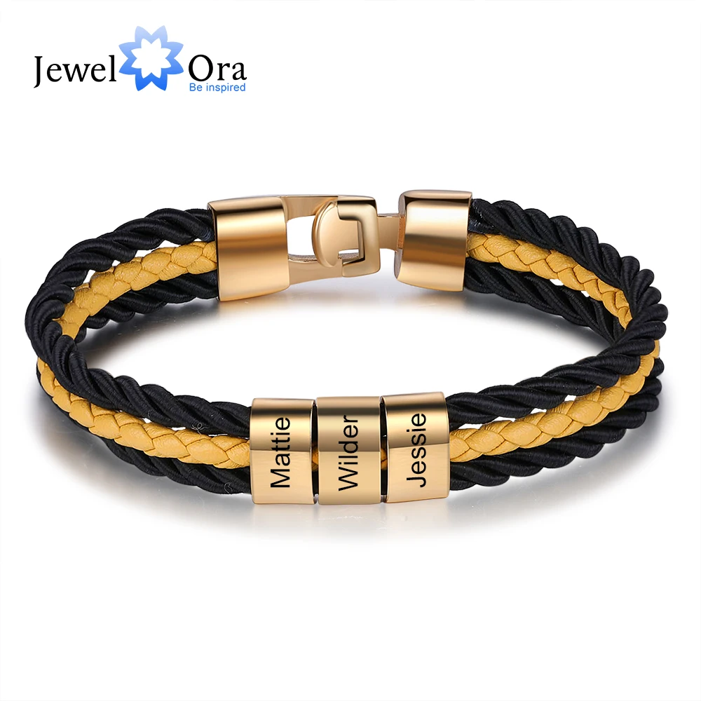 JewelOra Personalized Braided Layered Leather Bracelets Gold Color Stainless Steel Custom Beads Name Engraved Bracelets for Men