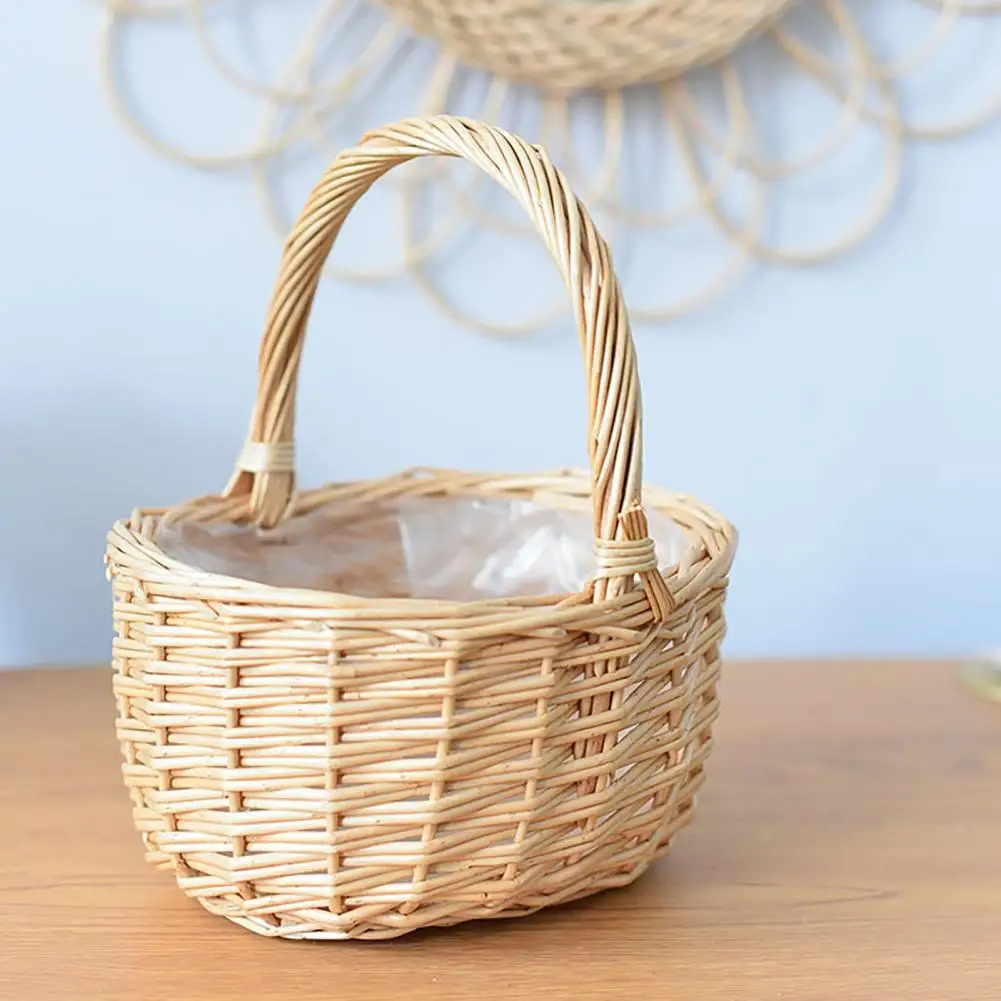 Hot Rattan Children\'s Portable Small Basket Flower Arrangement Green Plants Fruit Shopping Basket Picnic Wedding Flower Basket