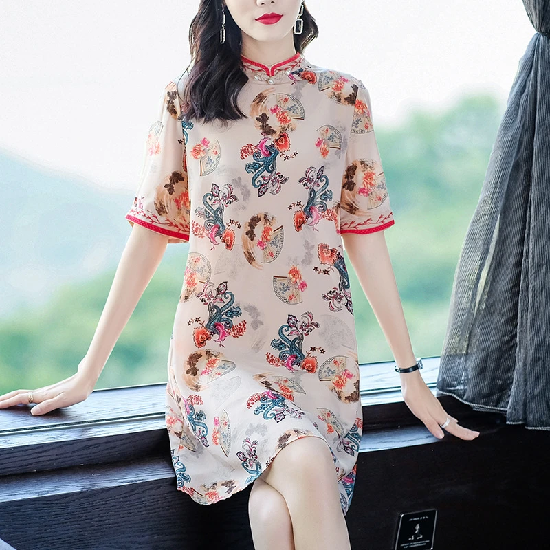 

Chinese New Stand-Up Collar Embroidery Back Zipper Printing Retro Middle-Aged Women's Summer Dress Elegant Collar Silk Dress