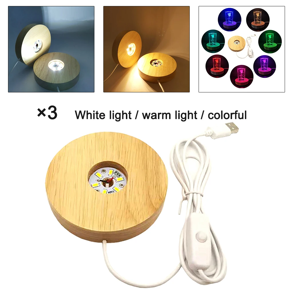 LED Light Lamp, Wooden Round Lights Display Base USB Cable Base Stand for 3D Crystal Ball Jewelry Glass Resin Art Vase Acrylic