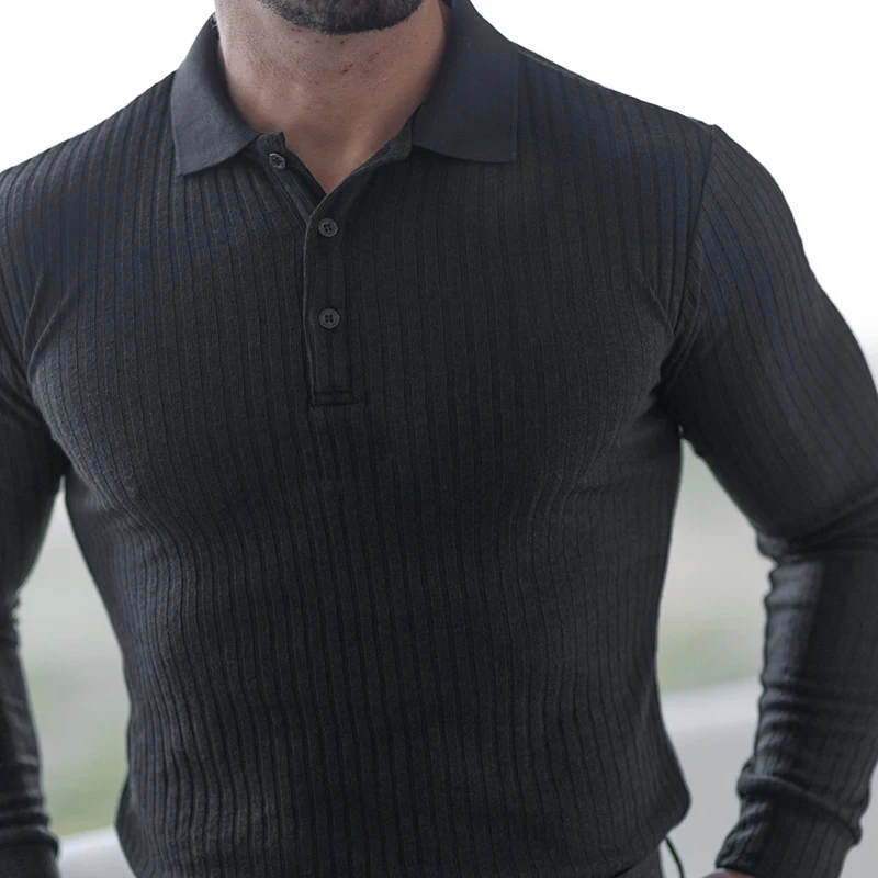 Mens Long-sleeved Spring and Autumn T-shirt Black Color Polo Shirt Knitted Solid Color Fashion Casual Top