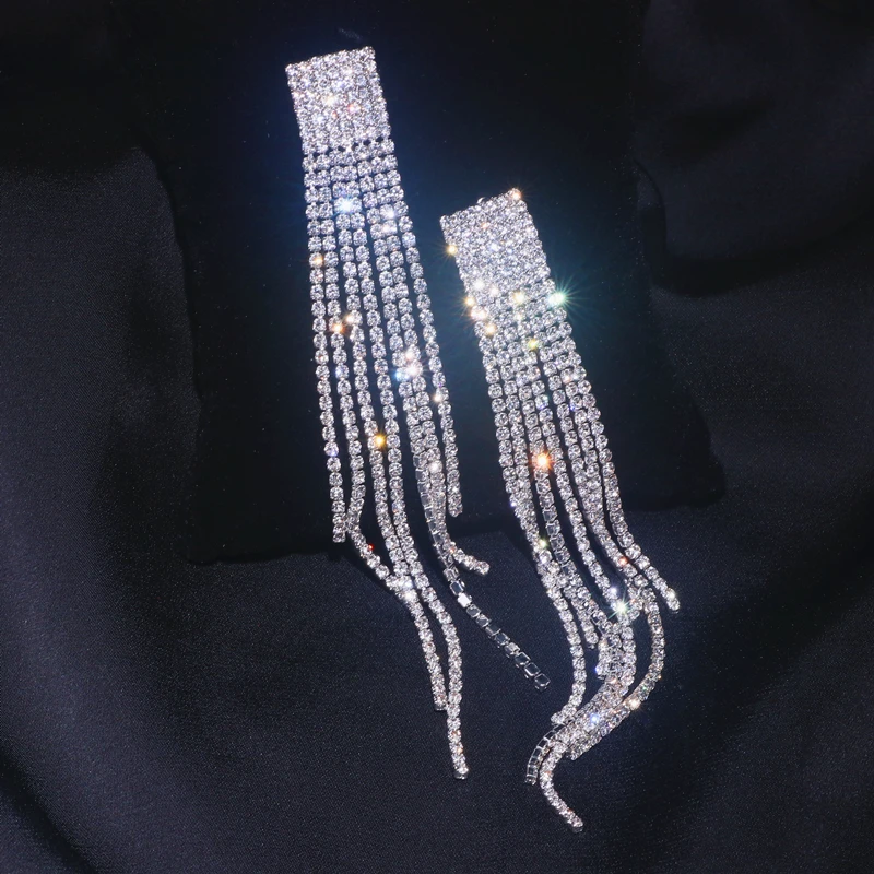 New Elegant Crystal Tassel Long Earrings for Women Shiny Rhinestone Drop Dangle Earrings Wedding Party Big Earrings Jewelry Gift