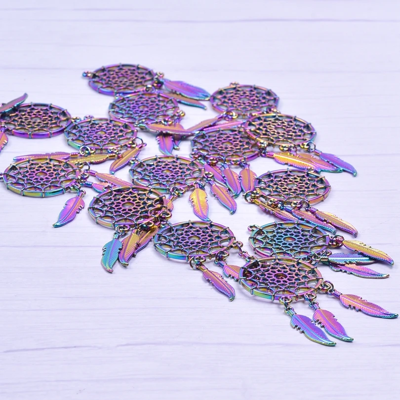 10Pcs Rainbow Alloy Charms Lucky Dreamcatcher Pendants Accessories For Jewelry Crafts DIY Necklace Earrings Bulk Item Wholesale