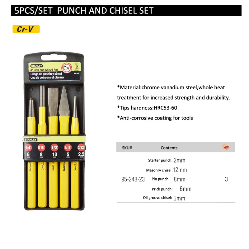 Stanley Workshop Tools Steel Punches Grinder Chisel Set Hole Cetre Punching for Pins Metal Stone Chisels Punktak Locksmith Kit