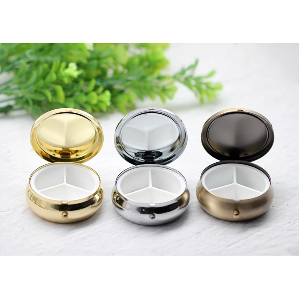 5kits 3 Cell Metal 53mm Round Blank Tablet Pill Boxes Holder Container Case+42mm Round Epoxy Sticker for DIY Gifts 3 Colors