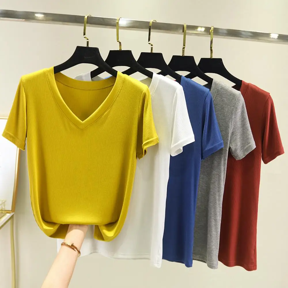 

chic casual Cotton T Shirt Ribbed Short Sleeve Women Summer Basic v-neck T shirt Loose Candy Color T-shirt Tee Female