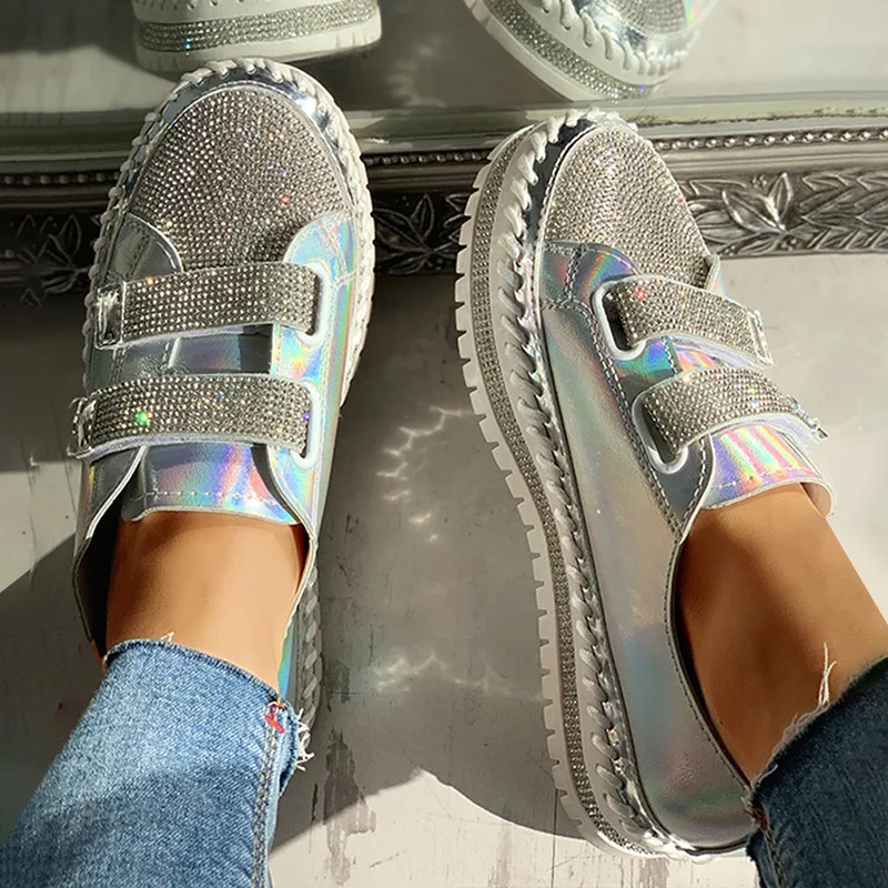 LazySeal Bling Women Rhinestone Casual Daily Magic Tape Sneakers Thick Botton Lazy Ladies Shoes Rhinestones Female Flat 2021 New