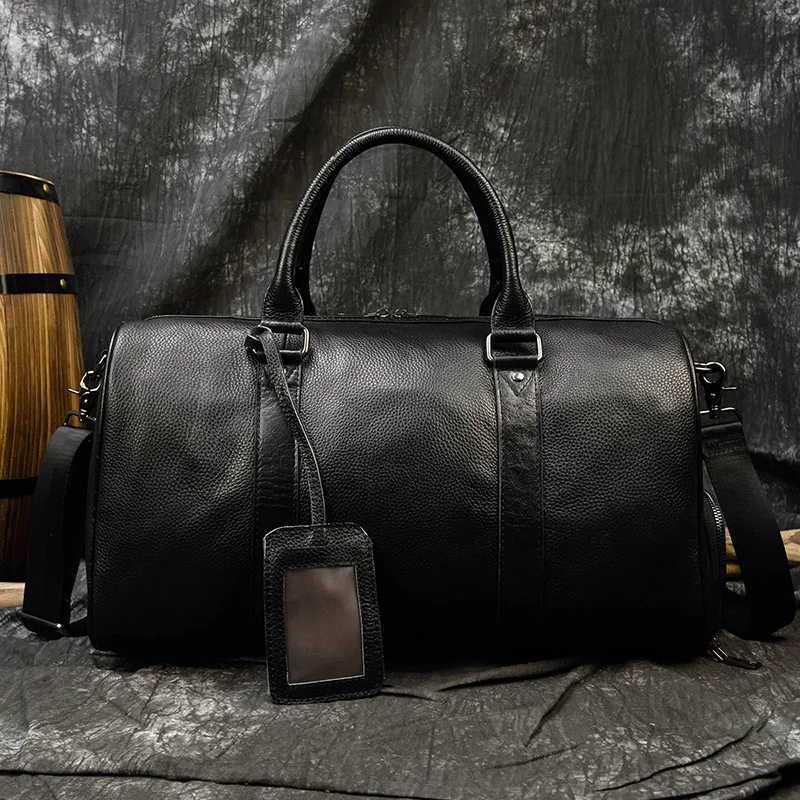 Bolso de lona de cuero genuino para hombre y mujer, bolsa grande de cuero de vaca, bolso de viaje de negocios, bolsos de hombro grandes negros, bolsos de equipaje de fin de semana