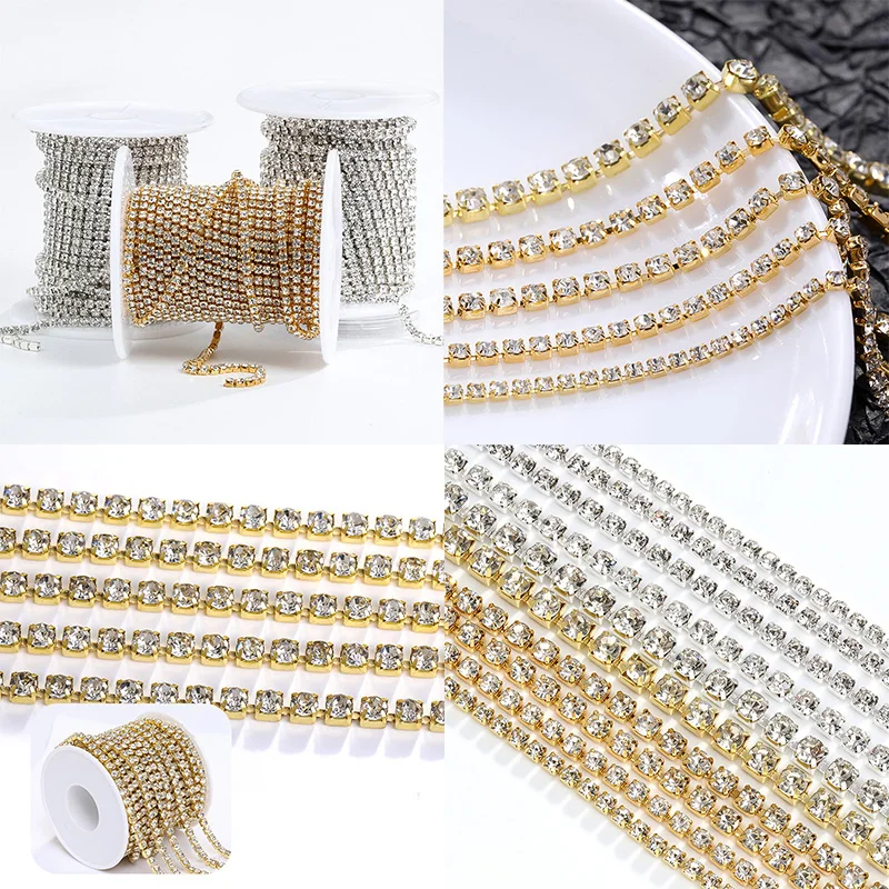 10M/Roll Cup Rhinestone Chain SS6 SS8 Gold Silver Crystal Chain Diy Crafts Necklace Tassels Earring Accessories Sew Glue Chain