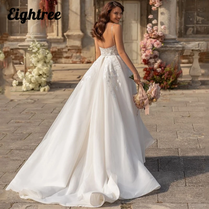 Eightree Sexy Wedding Dresses Spaghetti Straps High Split Bridal Dress Satin A-Line Floor Length Wedding Evening Gowns Plus Size