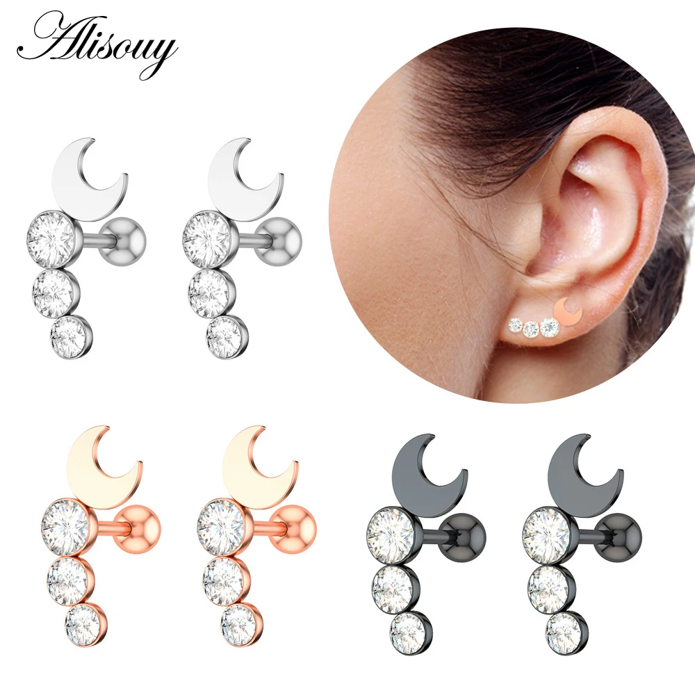 Alisouy 1PC Zircon CZ Leaf Heart Star Flower Ear Studs Cartilage Earring for Women Stainless Steel Small Ear Piercing Jewelry