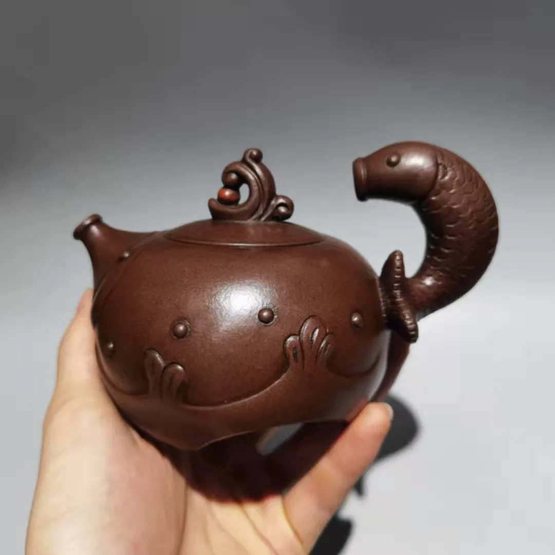 Unique Old Chinese YiXing Handcraft puyple Clay Teapot,Carp play with waves shape, with mark, Free shipping