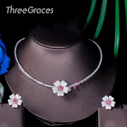 ThreeGraces High Quality Bridal Wedding Jewelry White Hot Pink Cubic Zirconia Flower Necklace Earrings Sets for Women TZ531