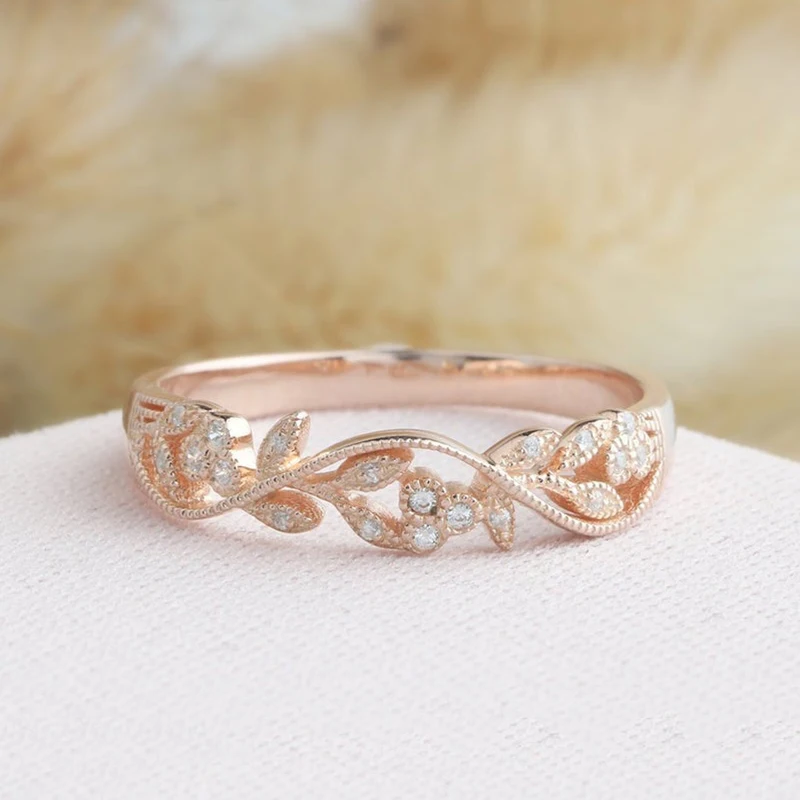 

CxsJeremy 14K 585 Rose Gold Art Deco Moissanite Engagement Ring Matching Band Leaf Vine Shape Design Wedding Band for Women