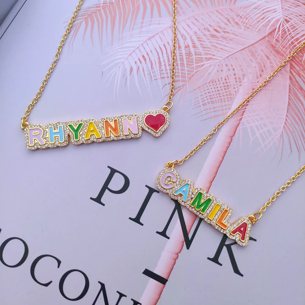 

DUOYING Rainbow Pave Outline Enamel Necklace Personlized Custom Enamel Name Necklace Colorful Enamel Nameplate Pendant Jewelry