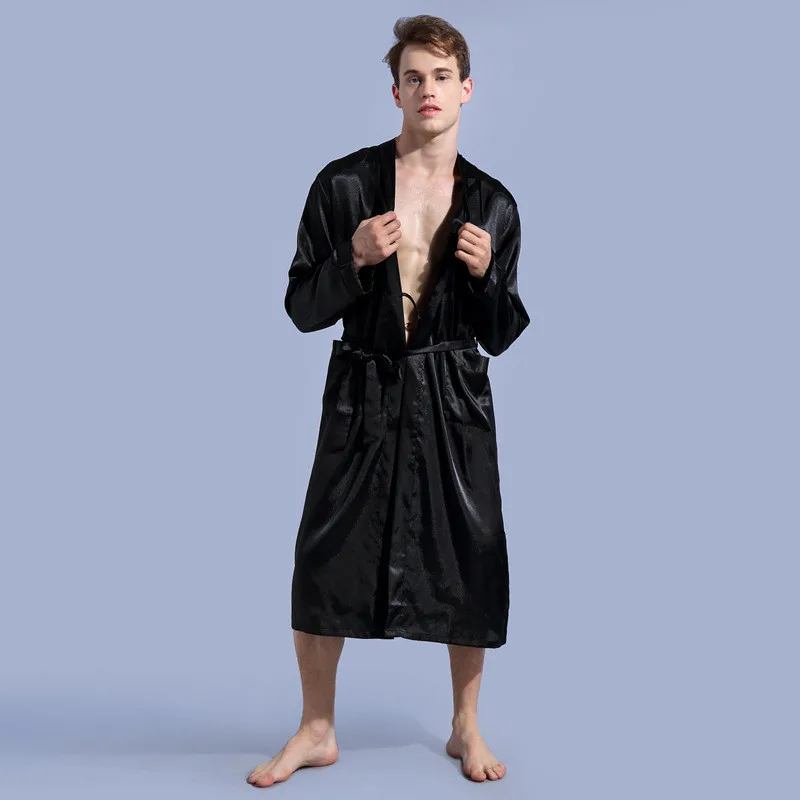 Retail Men\'s V Neck Satin Robe Kimono Long Bathrobe Pajamas Nightgown Lightweight Sleepwear for Wedding Party T104