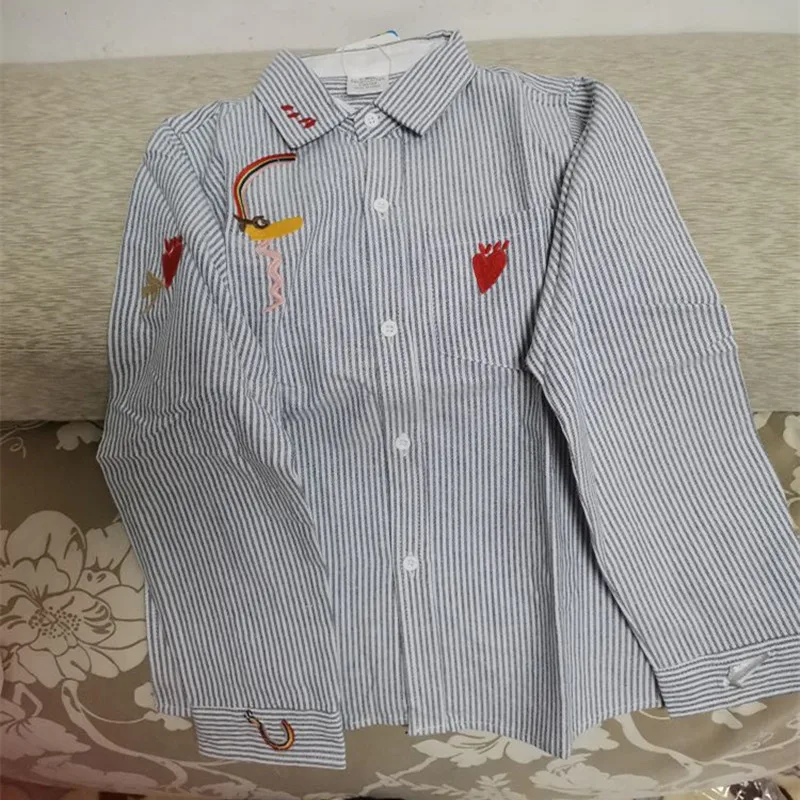 2023 Spring Autumn 2 3 4 5 6 8 10 Years New Turn-down Collar Cotton Long Sleeve Cartoon Classic Striped Shirt For Kids Baby Boys