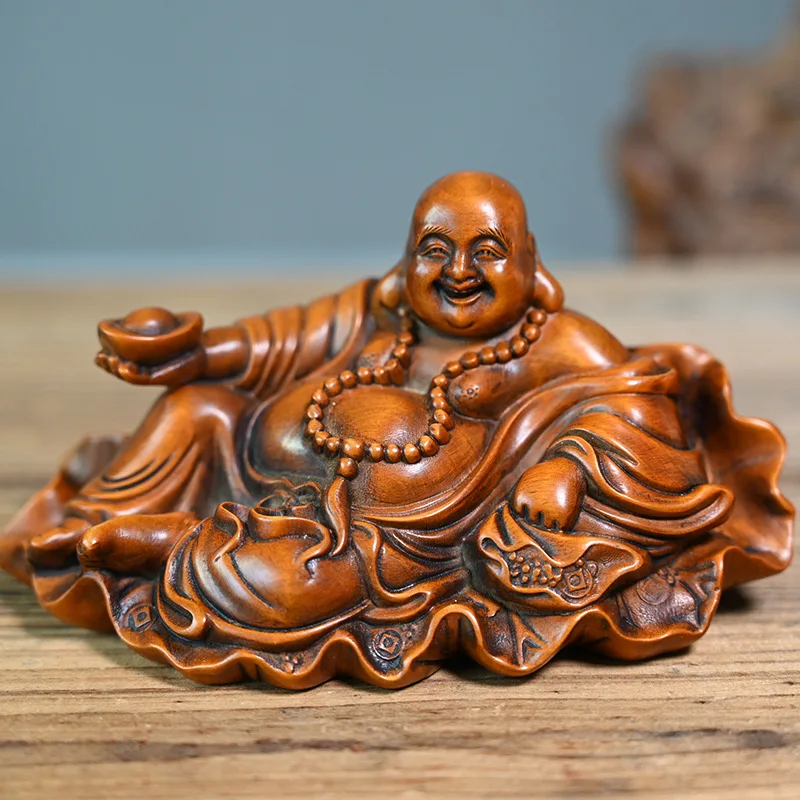 XS442-14*8*7CM Hand Carved Boxwood Carving aughing Maitreya Figurine Gold Ingot Buddha Statue-Home Decor Collection Ornaments