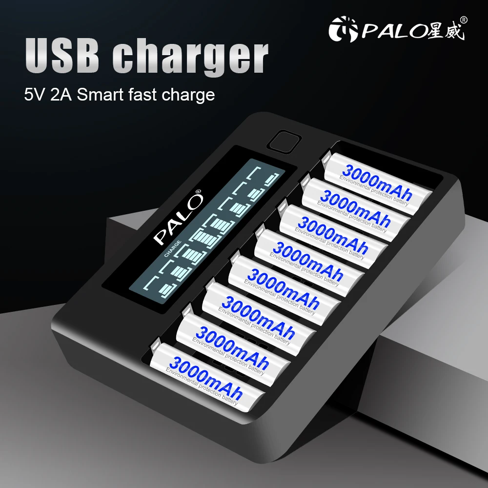 PALO AA battery 1.2V AA rechargeable battery 3000mAh nimh aa batteries with 8slots 1.2V AA AAA battery charger