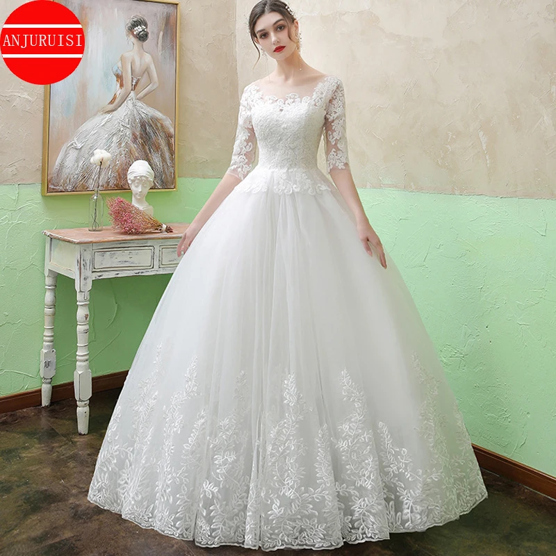 Half Sleeve Wedding Dress 2021 Vestidos De Novia Scoop Lace Appliques Floor Length Bride Gown Robe Mariage Trouwjurk Elegant