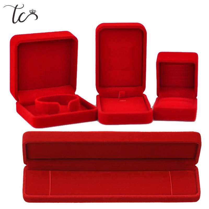 Caja de regalo de boda de terciopelo rojo, organizador de anillo, pendientes, soporte para collar, colgante, pulsera, estuche de almacenamiento, caja de regalo de joyería