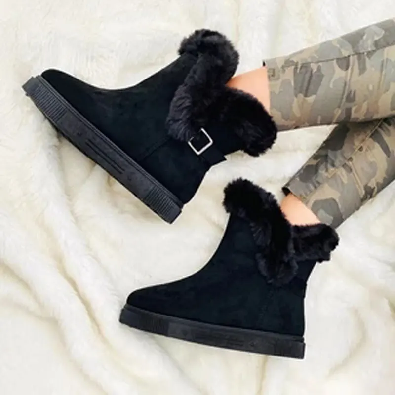 

New Women Winter Ankle Boots Suede Leather Snow Boots Plush Natural Fur Warm Slip-on Ladies Shoes Flats Plus Size 35-43