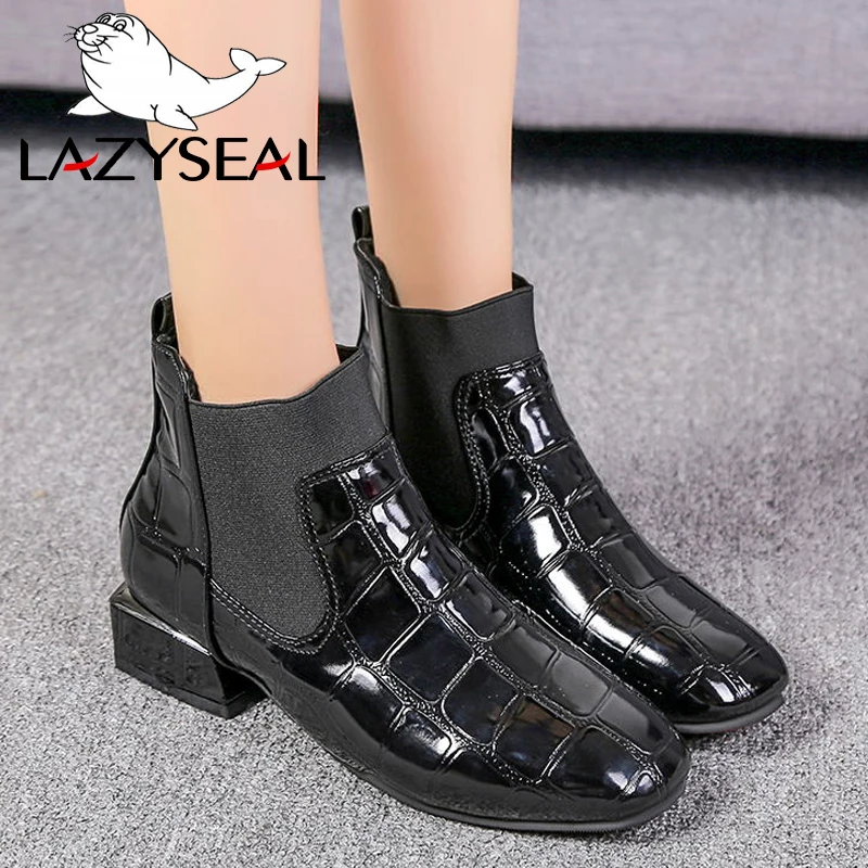 LazySeal New Square Toe Ankle Boots For Women Patent Leather Elastic Band Slip-on Woman Shoes Ladies Fashion Boots Woman Booties