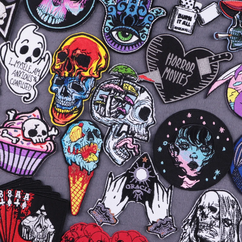 

Patches On Clothes Stickers Punk Hippie Striped Embroidered Patches For Clothing Goth Iron On Patch Skull Stripes for Jackets