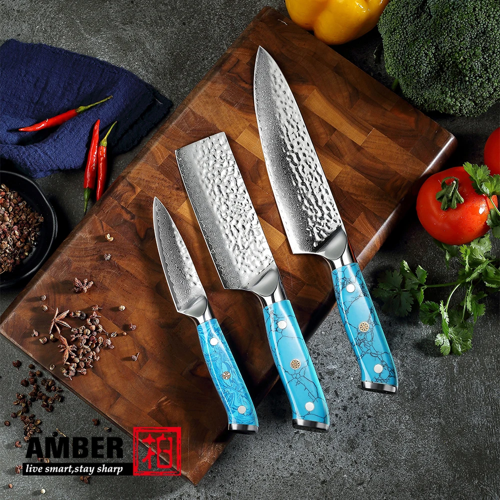

Янтарный профессиональный набор ножей, 67-слойный набор ножей шеф-повара из дамасской стали, кулинарный тесак, нож шеф-повара для мяса и овощей, бирюзовая ручка
