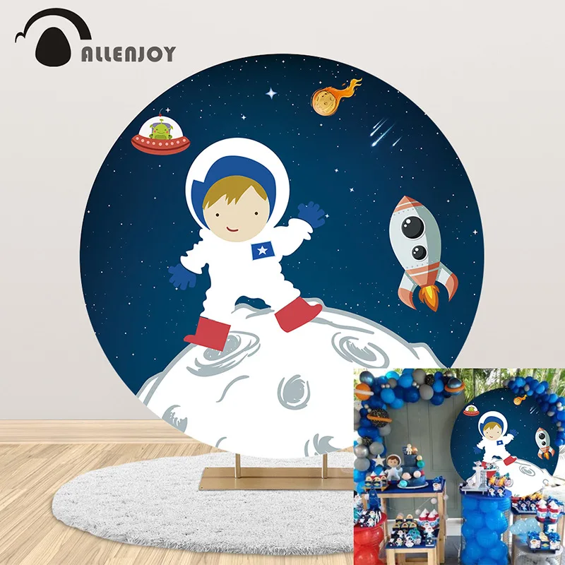 

Allenjoy Astronaut Birthday Background Outer Space Universe Planets Stars Party Round Backdrop Baby Shower Photozone Wall Decor