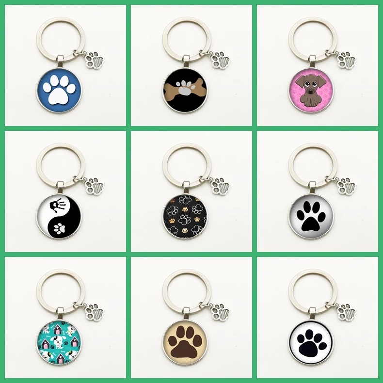 New Cute Cartoon Keychain Pet Footprint Pendant Round Glass Animal Dog Cat Paw Pattern Key Ring Jewelry Fashion Charm Gift Women