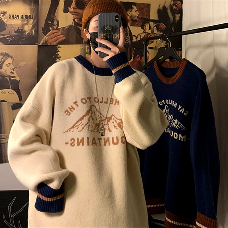 Vintage Mountains Letter Print Sweater Women Harajuku Couples Streetwear Knitted Pullovers Hip Hop Fashion Winter Tops Oversized