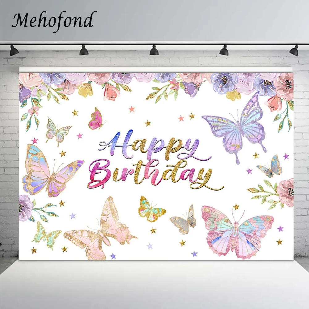 

Mehofond Happy Birthday Photo Background Spring Butterfly Flower Princess Party Decor Photography Backdrops Photophone Photozone