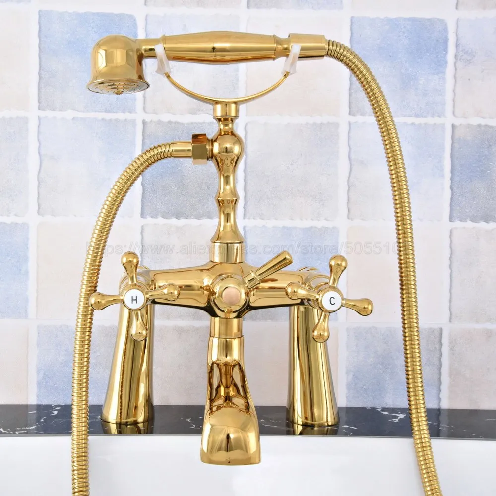 

Luxury Polished Gold Two Handle Bathtub Sink Faucet Telephone Deck Mounted Dual Hole Bathtub Mixer with Handshower ztf787