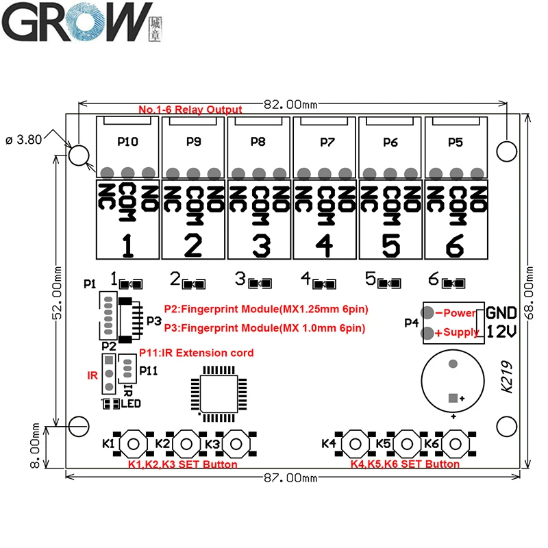 GROW K219-A+R503 Programmable Fingerprint Infrared Control Board Control Relay Time Control Switch